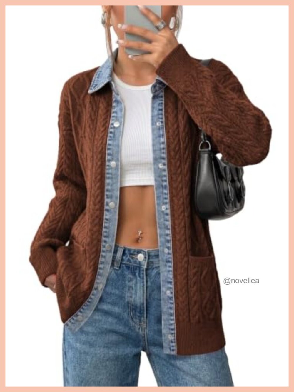 Womens Cable Knit Button Cardigan with Denim Collar and Pockets